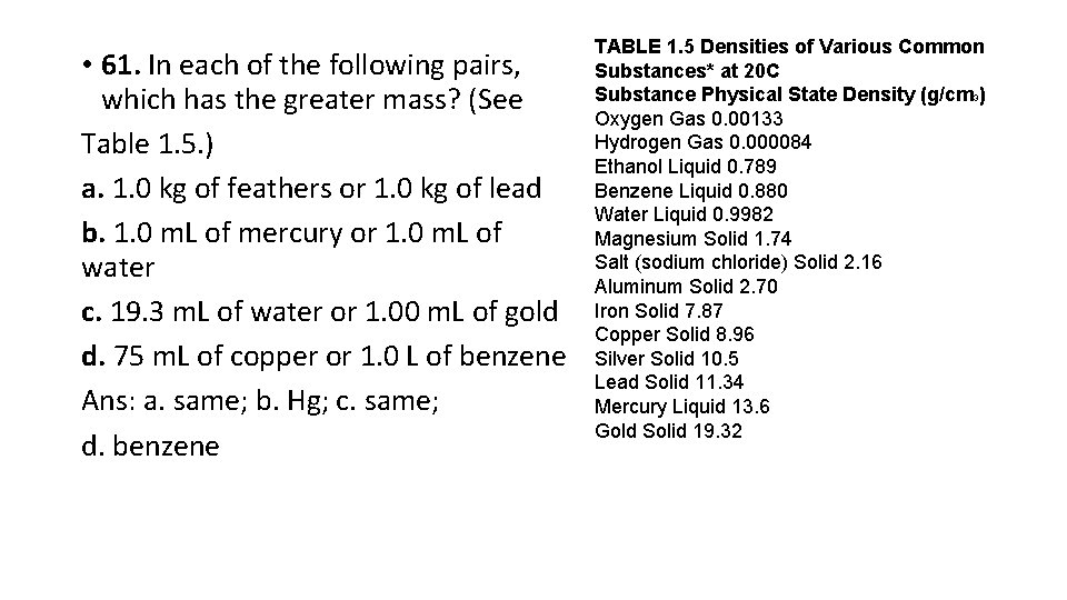  • 61. In each of the following pairs, which has the greater mass?