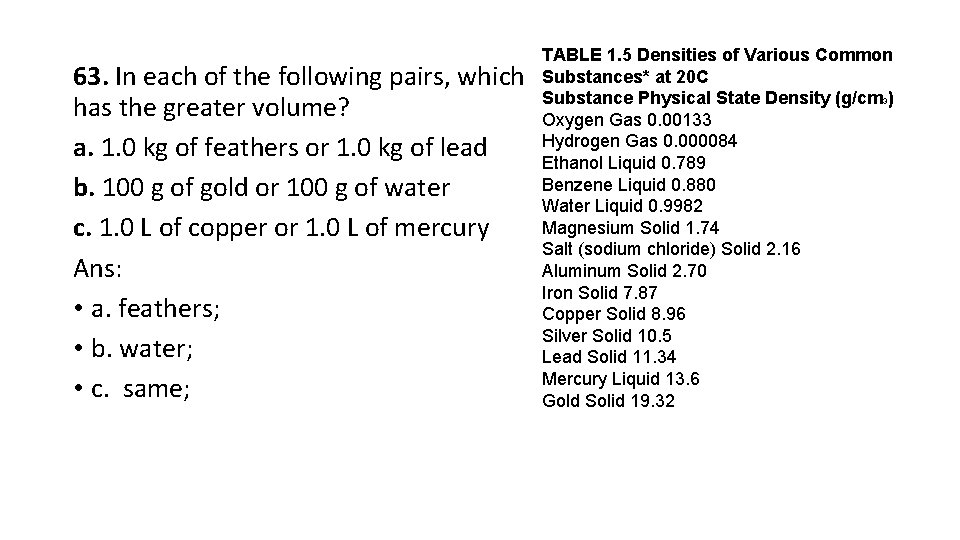 63. In each of the following pairs, which has the greater volume? a. 1.