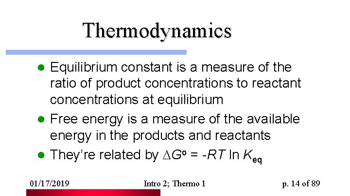 Thermodynamics Equilibrium constant is a measure of the ratio of product concentrations to reactant