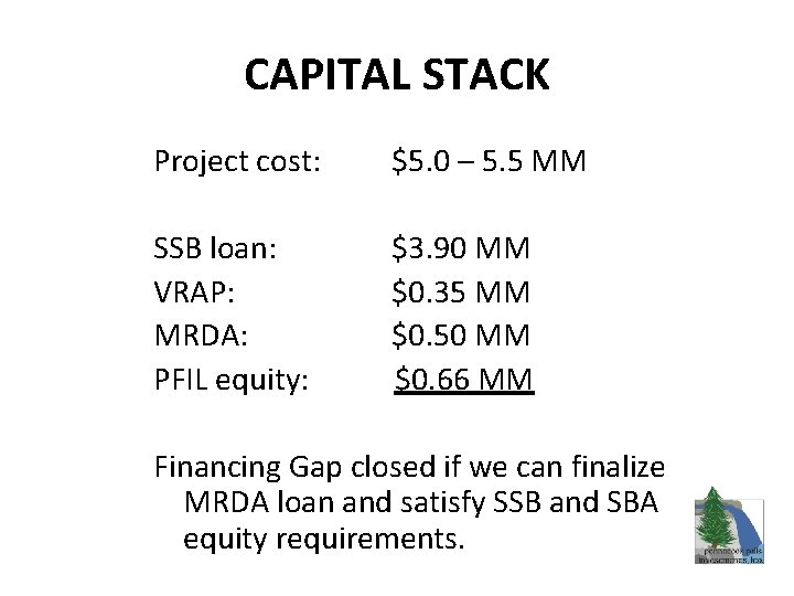 CAPITAL STACK Project cost: $5. 0 – 5. 5 MM SSB loan: VRAP: MRDA: