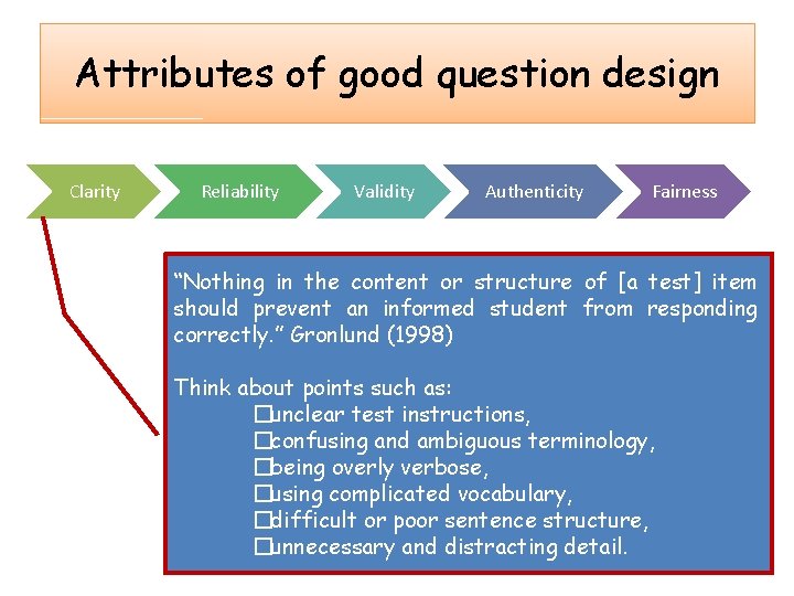 Attributes of good question design Clarity Reliability Validity Authenticity Fairness “Nothing in the content