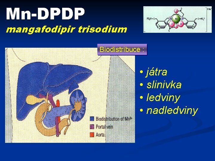 Mn-DPDP mangafodipir trisodium Biodistribuce : • játra • slinivka • ledviny • nadledviny 