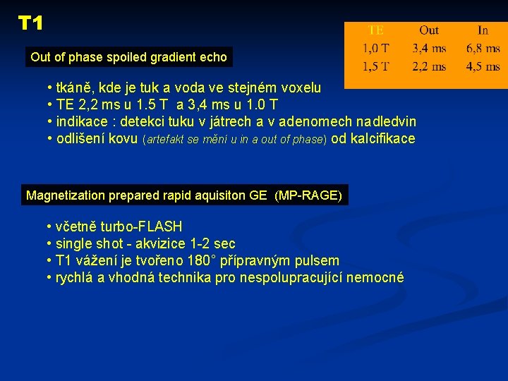 T 1 Out of phase spoiled gradient echo • tkáně, kde je tuk a