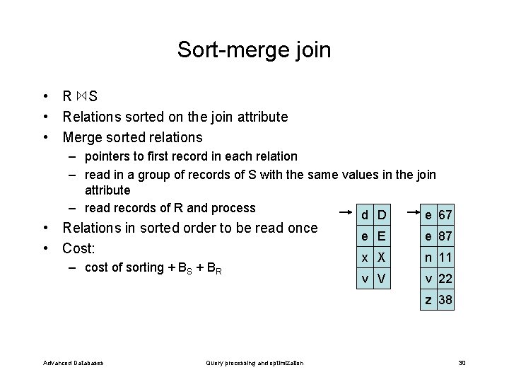 Sort-merge join • R S • Relations sorted on the join attribute • Merge