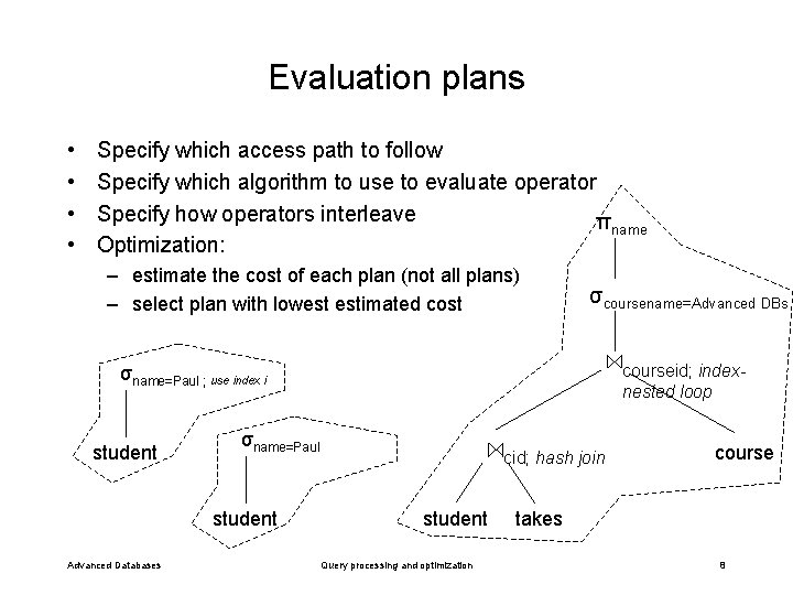 Evaluation plans • • Specify which access path to follow Specify which algorithm to