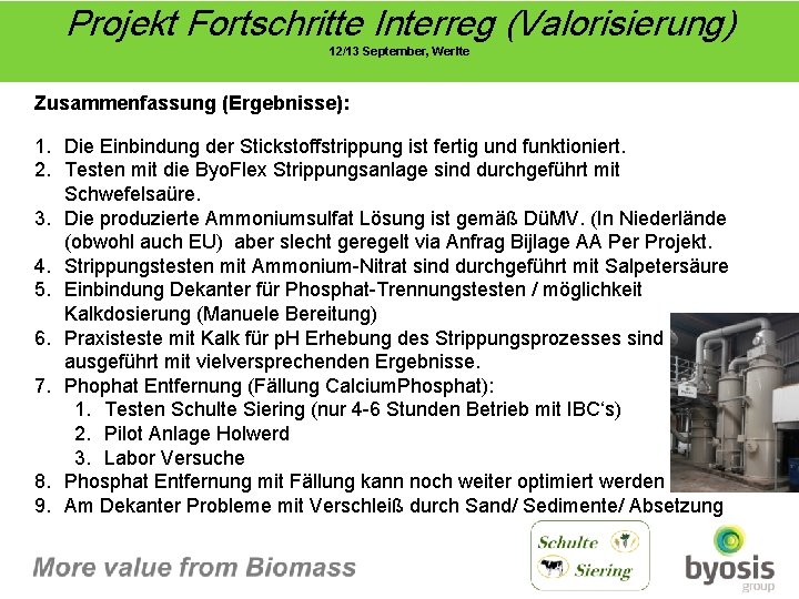 Projekt Fortschritte Interreg (Valorisierung) 12/13 September, Werlte Zusammenfassung (Ergebnisse): 1. Die Einbindung der Stickstoffstrippung