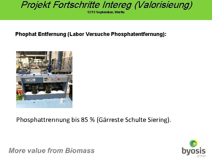 Projekt Fortschritte Intereg (Valorisieung) 12/13 September, Werlte Phophat Entfernung (Labor Versuche Phosphatentfernung): Phosphattrennung bis