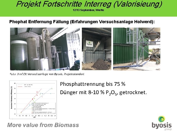 Projekt Fortschritte Interreg (Valorisieung) 12/13 September, Werlte Phophat Entfernung Fällung (Erfahrungen Versuchsanlage Holwerd): Phosphattrennung