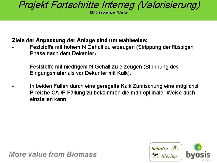 Projekt Fortschritte Interreg (Valorisierung) 12/13 September, Werlte Ziele der Anpassung der Anlage sind um