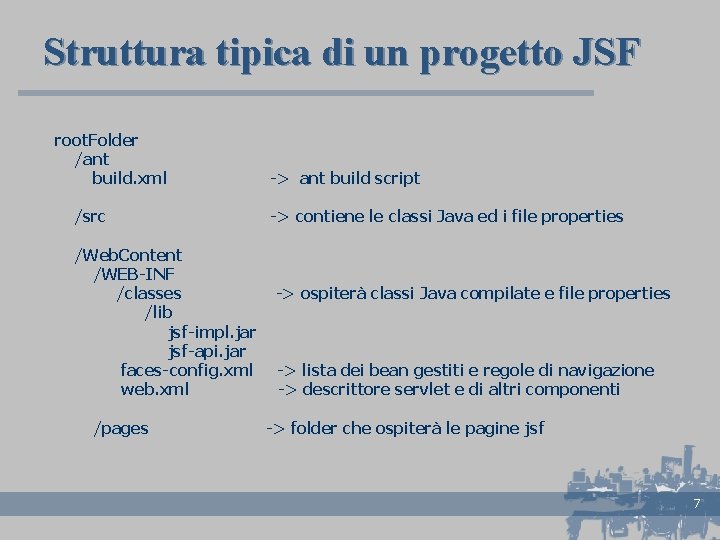 Struttura tipica di un progetto JSF root. Folder /ant build. xml /src /Web. Content