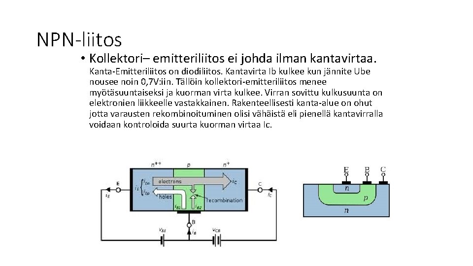 NPN-liitos • Kollektori– emitteriliitos ei johda ilman kantavirtaa. Kanta-Emitteriliitos on diodiliitos. Kantavirta Ib kulkee