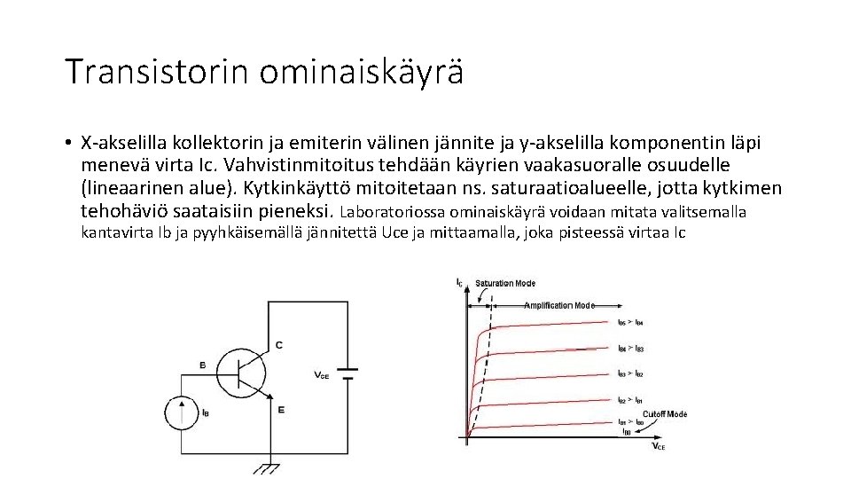 Transistorin ominaiskäyrä • X-akselilla kollektorin ja emiterin välinen jännite ja y-akselilla komponentin läpi menevä