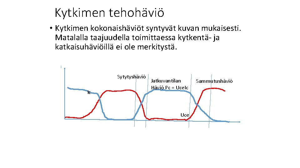 Kytkimen tehohäviö • Kytkimen kokonaishäviöt syntyvät kuvan mukaisesti. Matalalla taajuudella toimittaessa kytkentä- ja katkaisuhäviöillä