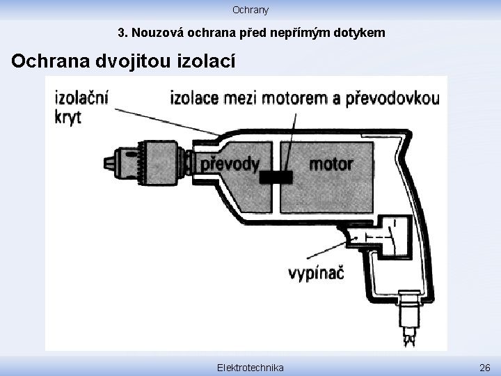 Ochrany 3. Nouzová ochrana před nepřímým dotykem Ochrana dvojitou izolací Elektrotechnika 26 