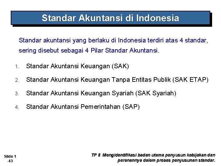 Standar Akuntansi di Indonesia Standar akuntansi yang berlaku di Indonesia terdiri atas 4 standar,