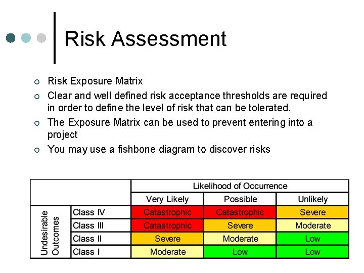 Risk Assessment ¢ ¢ Risk Exposure Matrix Clear and well defined risk acceptance thresholds Risk Assessment ¢ ¢ Risk Exposure Matrix Clear and well defined risk acceptance thresholds