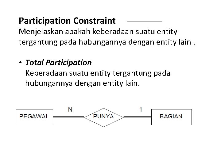 Participation Constraint Menjelaskan apakah keberadaan suatu entity tergantung pada hubungannya dengan entity lain. •