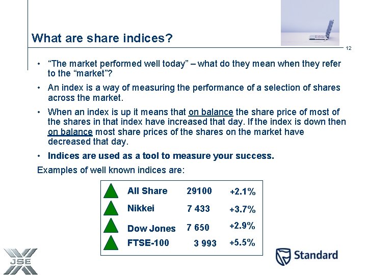 What are share indices? 12 • “The market performed well today” – what do
