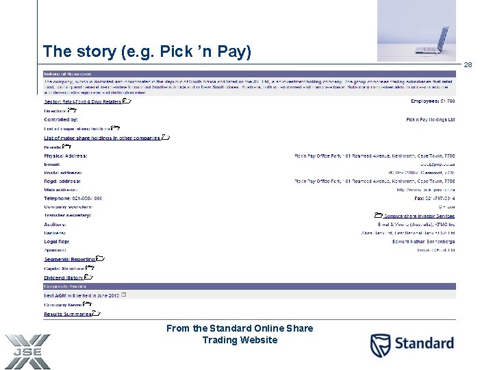 The story (e. g. Pick ’n Pay) 28 From the Standard Online Share Trading