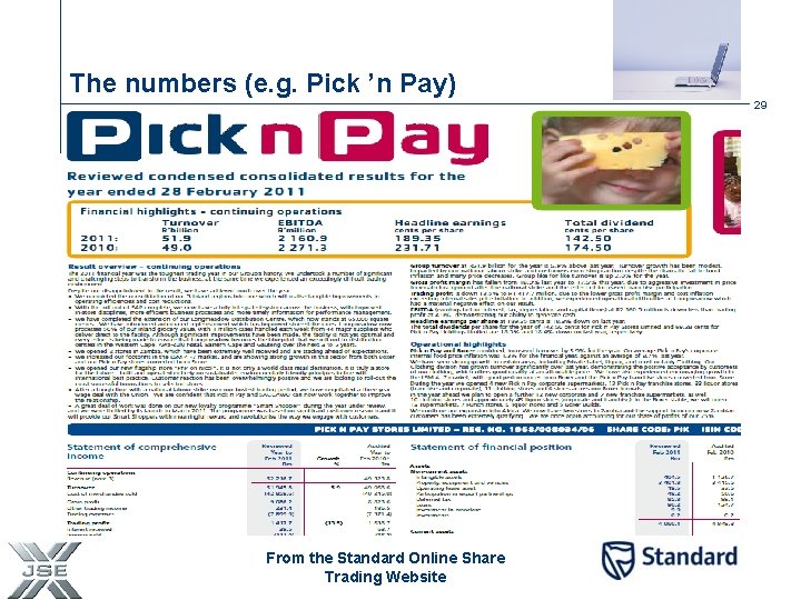 The numbers (e. g. Pick ’n Pay) 29 From the Standard Online Share Trading
