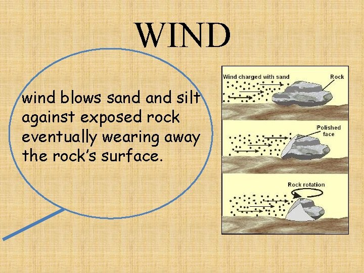 WIND wind blows sand silt against exposed rock eventually wearing away the rock’s surface.