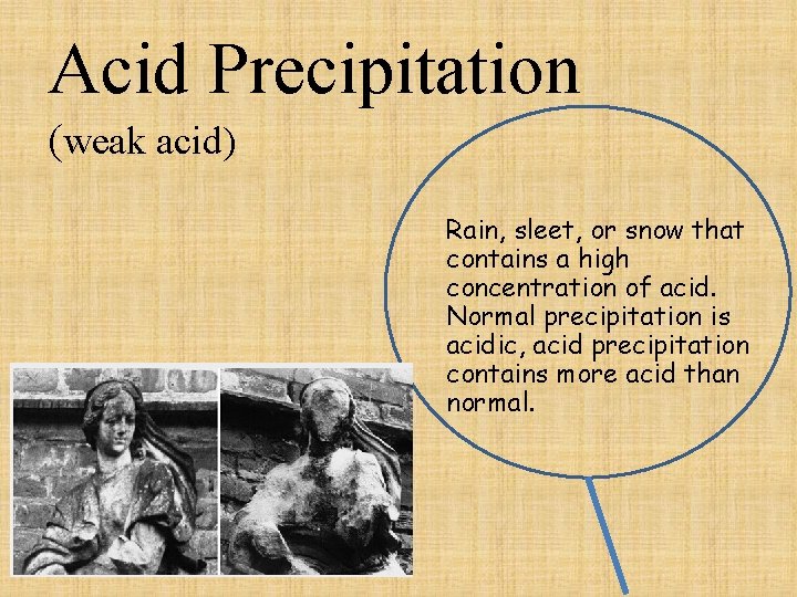Acid Precipitation (weak acid) Rain, sleet, or snow that contains a high concentration of