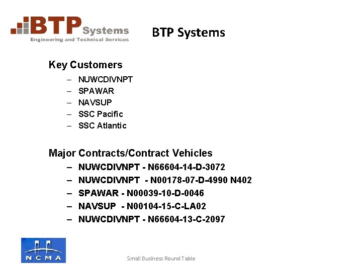 Company logo here BTP Systems Key Customers – – – NUWCDIVNPT SPAWAR NAVSUP SSC