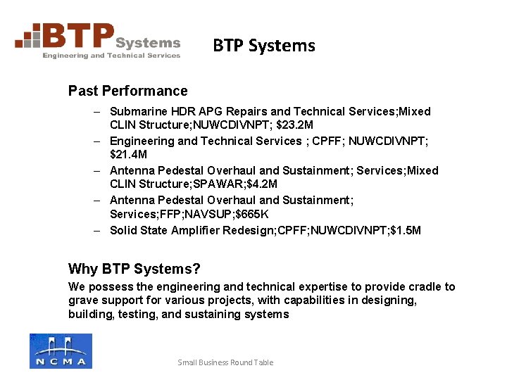 Company logo here BTP Systems Past Performance – Submarine HDR APG Repairs and Technical