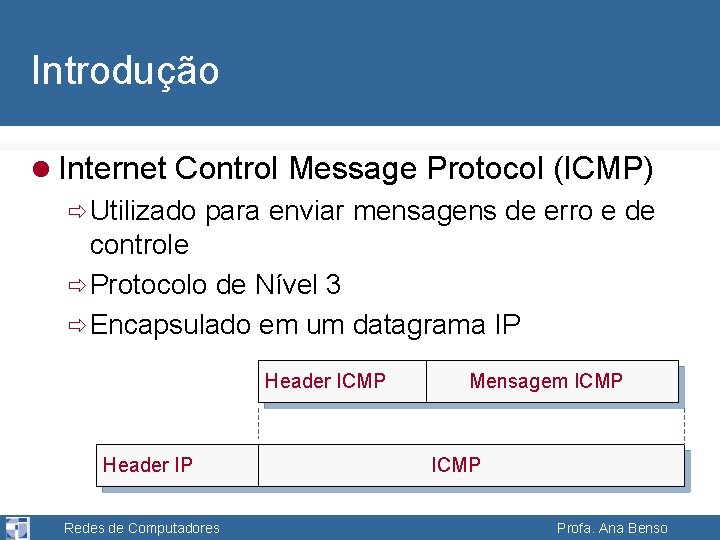 Introdução l Internet Control Message Protocol (ICMP) ð Utilizado para enviar mensagens de erro