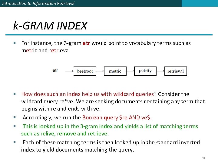 Introduction to Information Retrieval k-GRAM INDEX § For instance, the 3 -gram etr would