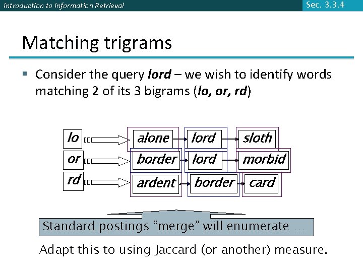 Introduction to Information Retrieval Sec. 3. 3. 4 Matching trigrams § Consider the query