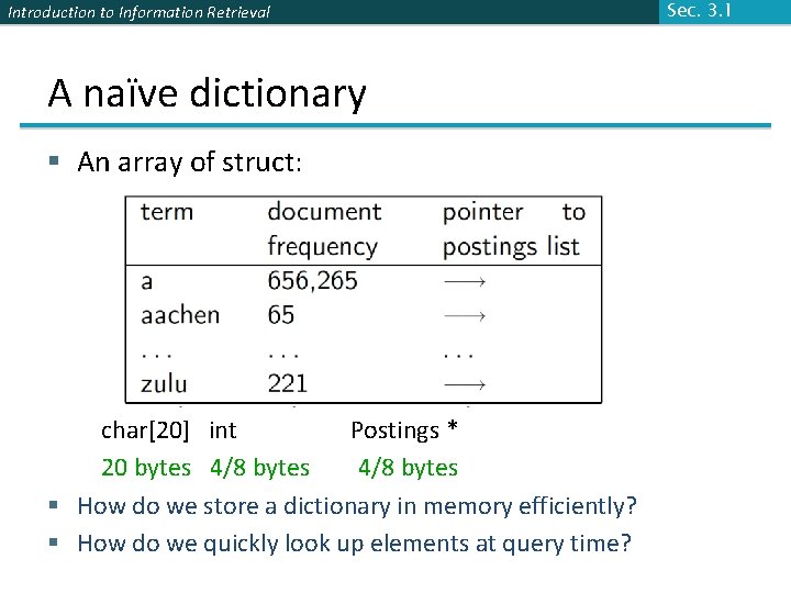 Introduction to Information Retrieval A naïve dictionary § An array of struct: char[20] int
