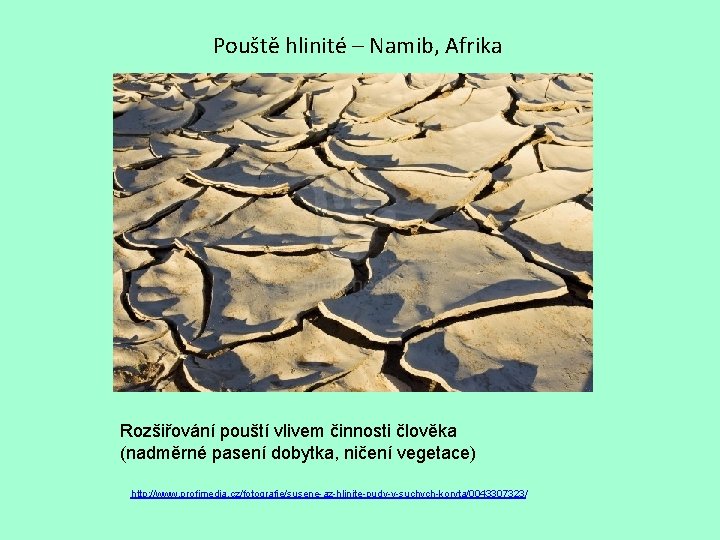 Pouště hlinité – Namib, Afrika Rozšiřování pouští vlivem činnosti člověka (nadměrné pasení dobytka, ničení
