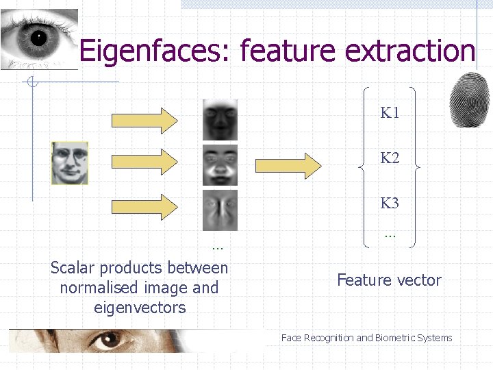 Eigenfaces: feature extraction K 1 K 2 K 3. . . Scalar products between