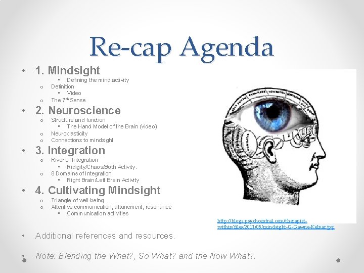Re-cap Agenda • 1. Mindsight o o • Defining the mind activity Definition •