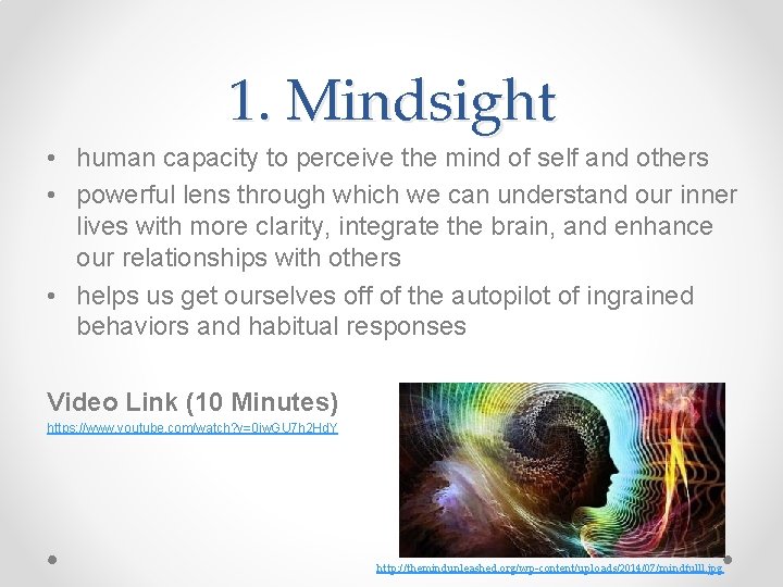 1. Mindsight • human capacity to perceive the mind of self and others •