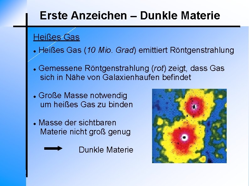 Erste Anzeichen – Dunkle Materie Heißes Gas (10 Mio. Grad) emittiert Röntgenstrahlung Gemessene Röntgenstrahlung