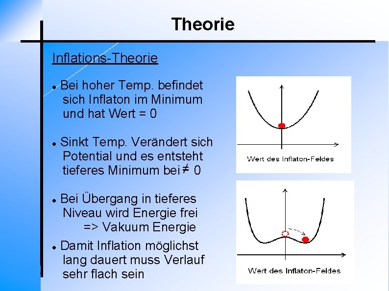 Theorie Inflations-Theorie Bei hoher Temp. befindet sich Inflaton im Minimum und hat Wert =