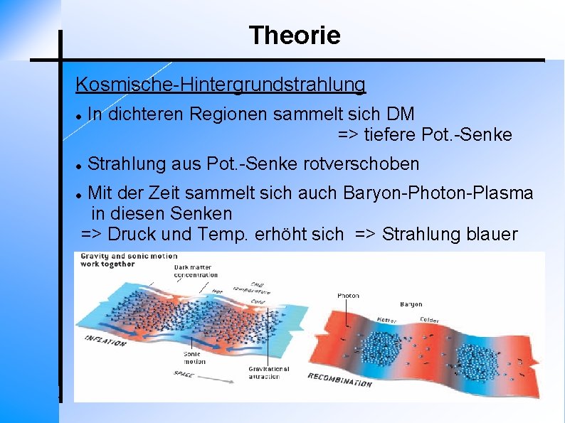 Theorie Kosmische-Hintergrundstrahlung In dichteren Regionen sammelt sich DM => tiefere Pot. -Senke Strahlung aus