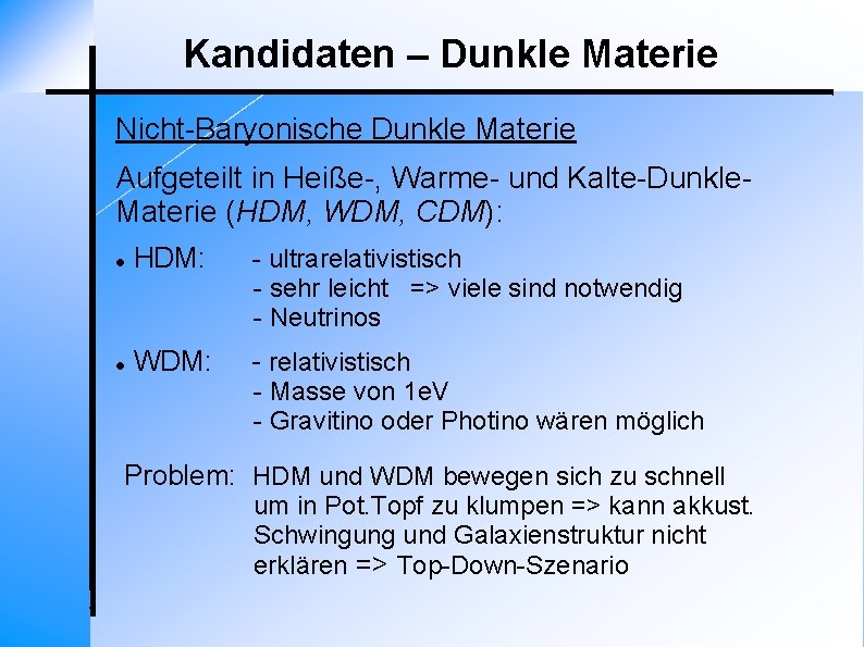 Kandidaten – Dunkle Materie Nicht-Baryonische Dunkle Materie Aufgeteilt in Heiße-, Warme- und Kalte-Dunkle. Materie