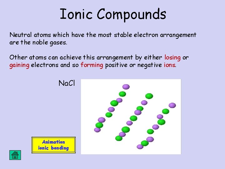 Ionic Compounds Neutral atoms which have the most stable electron arrangement are the noble Ionic Compounds Neutral atoms which have the most stable electron arrangement are the noble