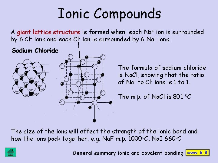 Ionic Compounds A giant lattice structure is formed when each Na+ ion is surrounded Ionic Compounds A giant lattice structure is formed when each Na+ ion is surrounded