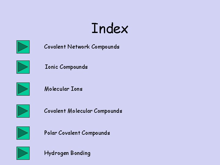 Index Covalent Network Compounds Ionic Compounds Molecular Ions Covalent Molecular Compounds Polar Covalent Compounds Index Covalent Network Compounds Ionic Compounds Molecular Ions Covalent Molecular Compounds Polar Covalent Compounds