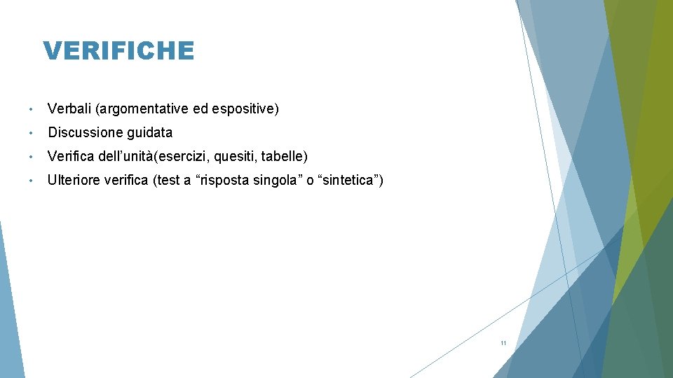 VERIFICHE • Verbali (argomentative ed espositive) • Discussione guidata • Verifica dell’unità(esercizi, quesiti, tabelle)