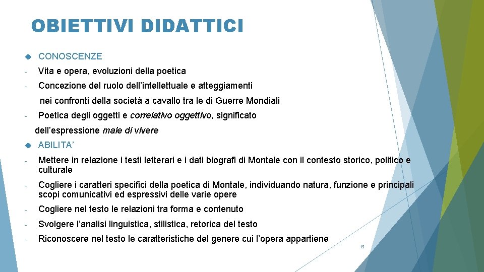 OBIETTIVI DIDATTICI CONOSCENZE - Vita e opera, evoluzioni della poetica - Concezione del ruolo