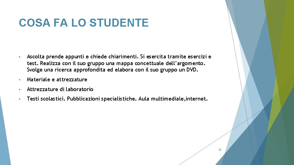 COSA FA LO STUDENTE • Ascolta prende appunti e chiede chiarimenti. Si esercita tramite