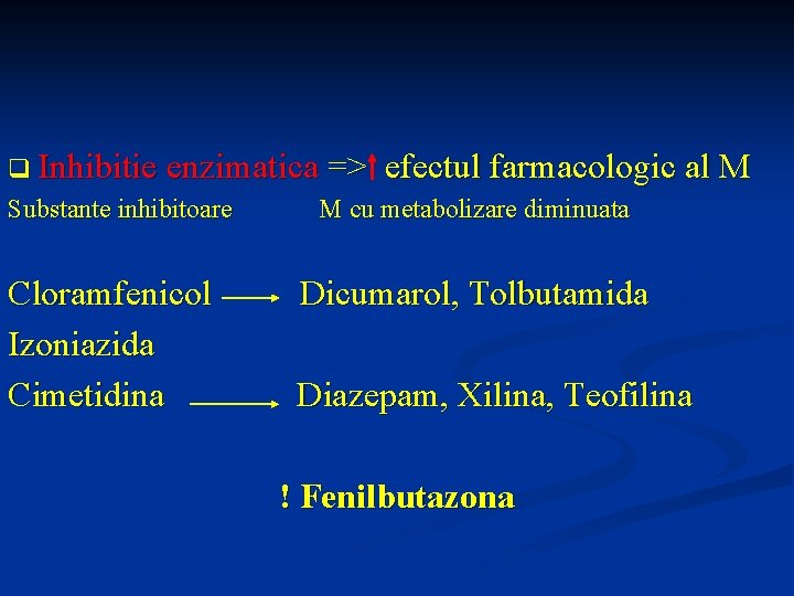 q Inhibitie enzimatica Substante inhibitoare Cloramfenicol Izoniazida Cimetidina => efectul farmacologic al M M