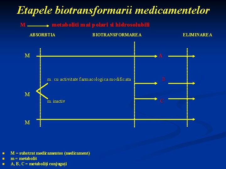Etapele biotransformarii medicamentelor metaboliti mai polari si hidrosolubili M ABSORBTIA BIOTRANSFORMAREA M ELIMINAREA A