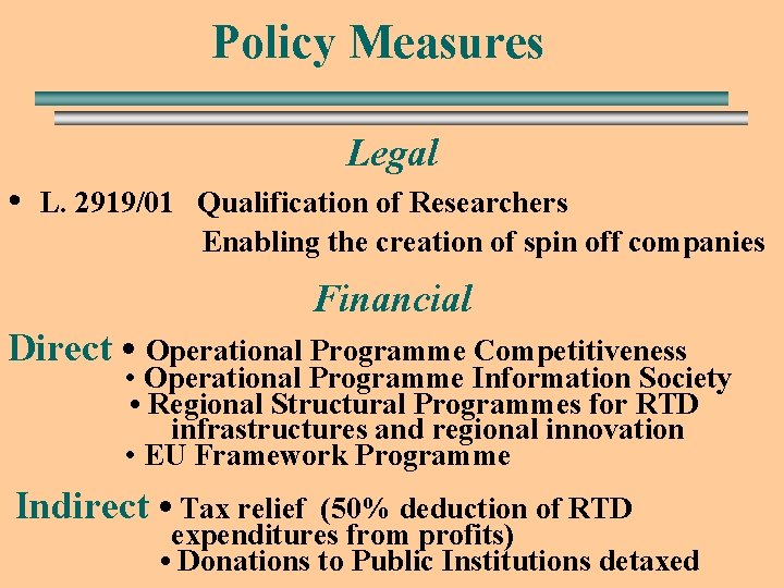 Policy Measures Legal • L. 2919/01 Qualification of Researchers Enabling the creation of spin