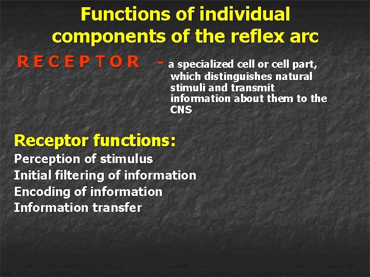 Functions of individual components of the reflex arc RECEPТOR - a specialized cell or